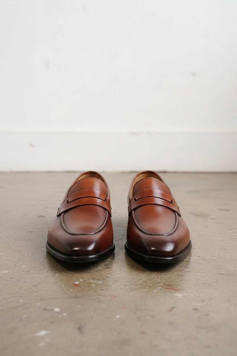 Handmade Mens brown leather moccasins loafer dress shoes - front-view