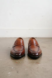Handmade Mens brown leather moccasins loafer dress shoes - front-view