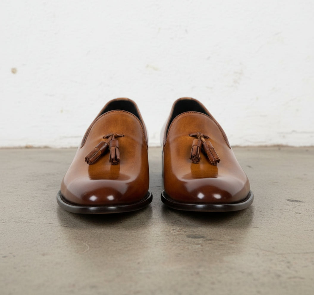 Handmade Mens brown leather moccasins loafer dress shoes, gift for men - front-view