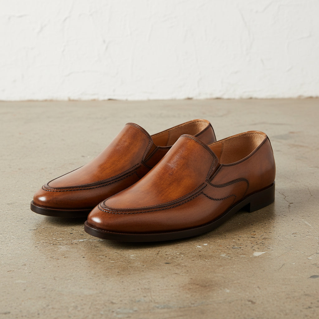 Handmade Mens brown leather moccasins shoes, Men brown leather loafer - angle-view-showing-depth