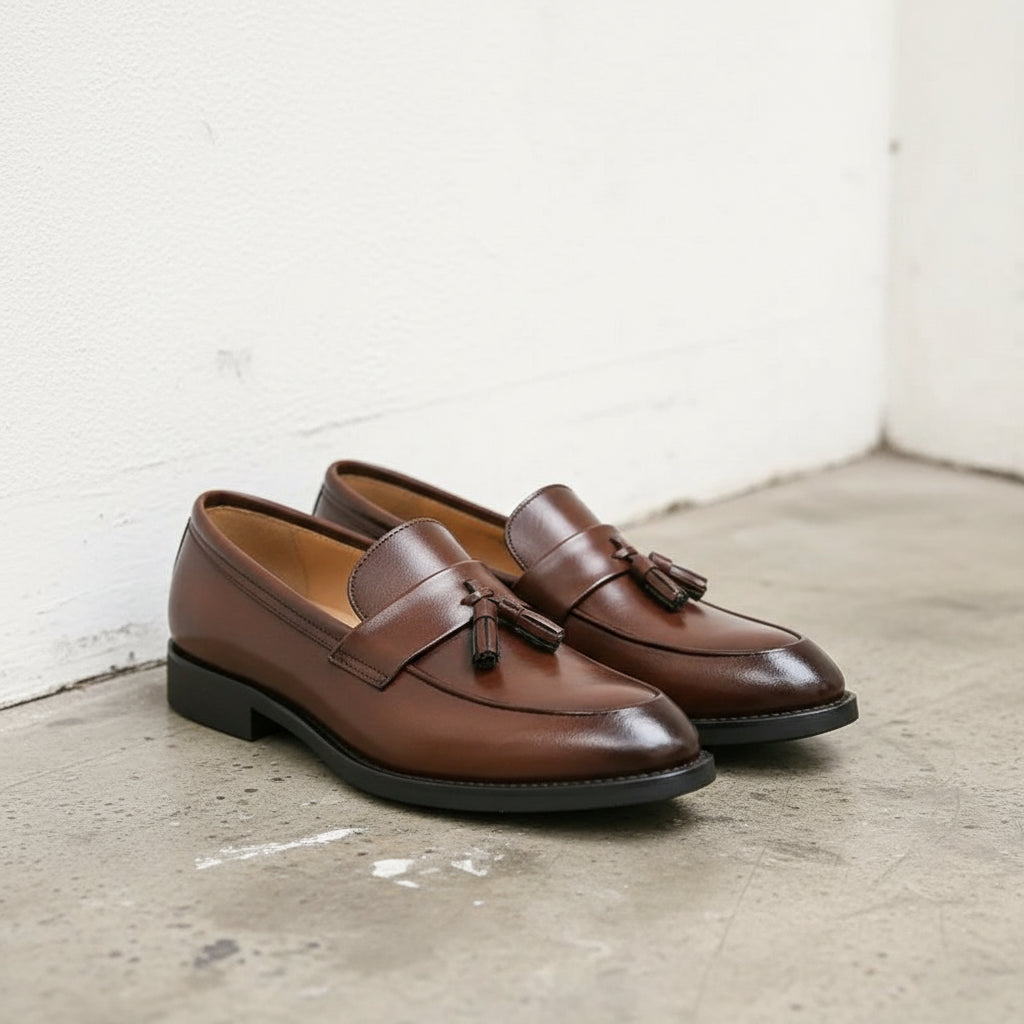 Handmade Mens brown leather tassels moccasins loafer shoes, gift for men - 3-4-right-view