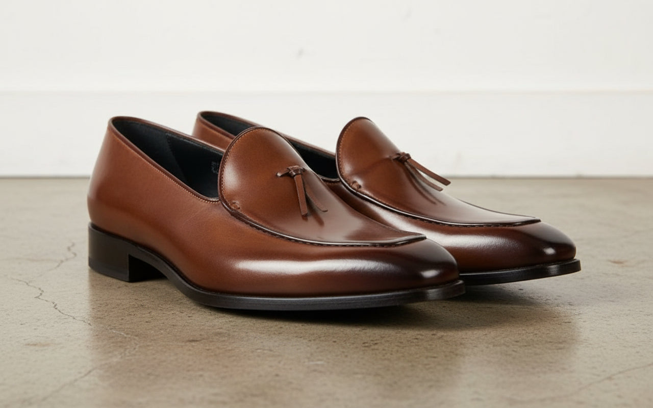 Handmade Mens brown leather tassels moccasins loafer dress shoes - angle-view-showing-depth