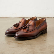 Handmade Mens brown leather tassels shoes, Men brown leather Loafer - angle-view-showing-depth
