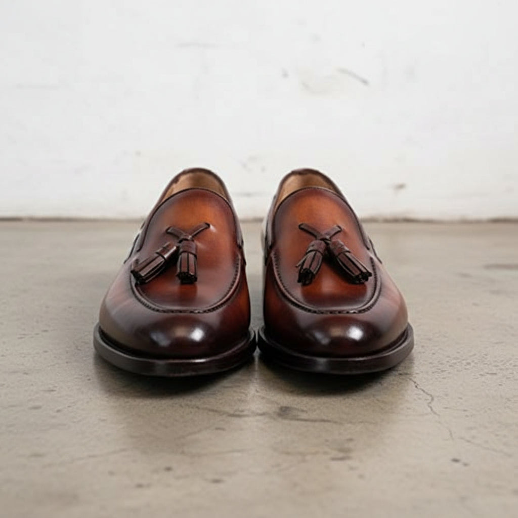 Handmade Mens brown leather tassels shoes, Men brown leather Loafer - front-view