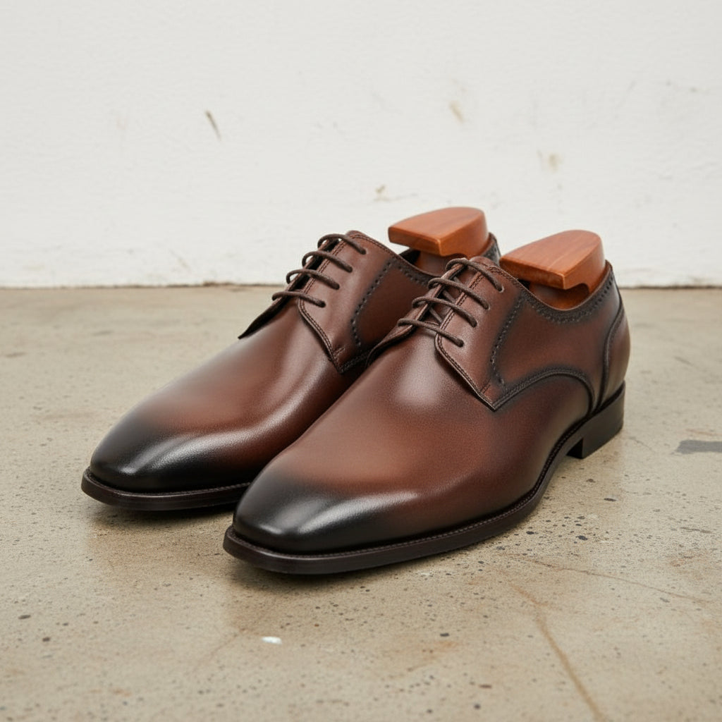 Handmade Mens Brown Oxford dress shoes, Men brown leather derby shoes - angle-view-showing-depth