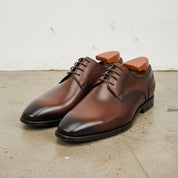Handmade Mens Brown Oxford dress shoes, Men brown leather derby shoes - angle-view-showing-depth