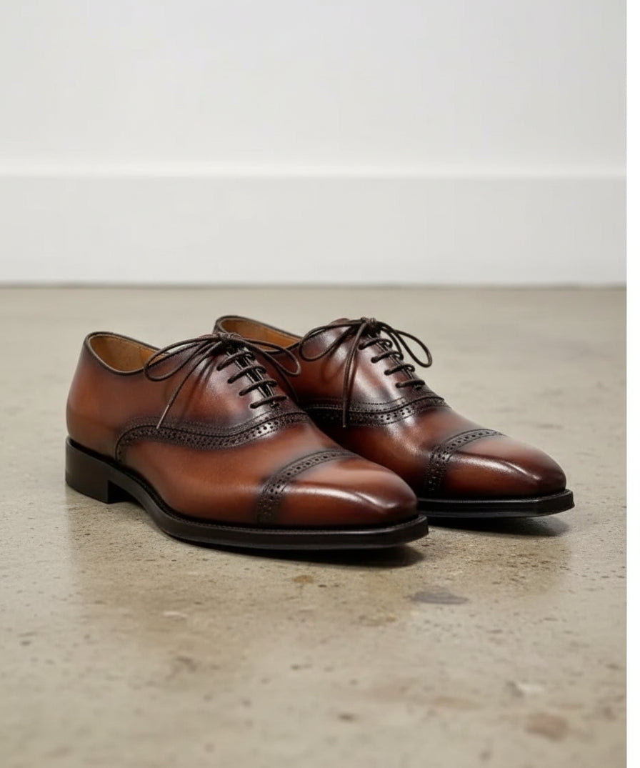 Handmade Mens brown oxford dress shoes, Mens burnish lace up tuxedo shoes - angle-view-showing-depth