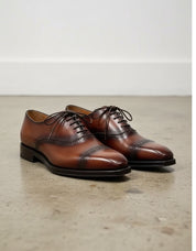 Handmade Mens brown oxford dress shoes, Mens burnish lace up tuxedo shoes - angle-view-showing-depth