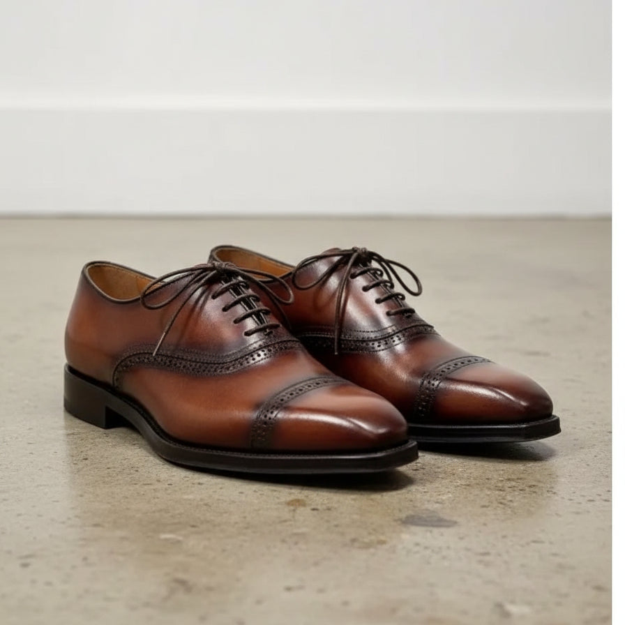 Handmade Mens brown oxford dress shoes, Mens burnish lace up tuxedo shoes - angle-view-showing-depth