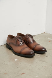 Handmade Mens brown oxford dress shoes, Mens burnish brown tuxedo shoes - angle-view-showing-depth