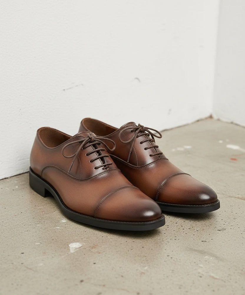 Handmade Mens brown oxford dress shoes, Mens burnish brown tuxedo shoes - angle-view-showing-depth