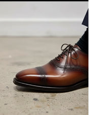 Handmade Mens brown oxford dress shoes, Mens burnish lace up tuxedo shoes - detail-view-showing-texture