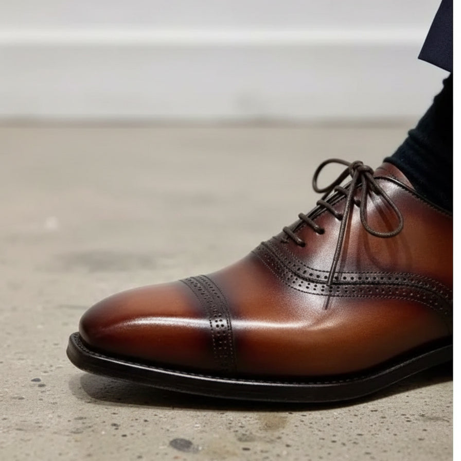 Handmade Mens brown oxford dress shoes, Mens burnish lace up tuxedo shoes - detail-view-showing-texture