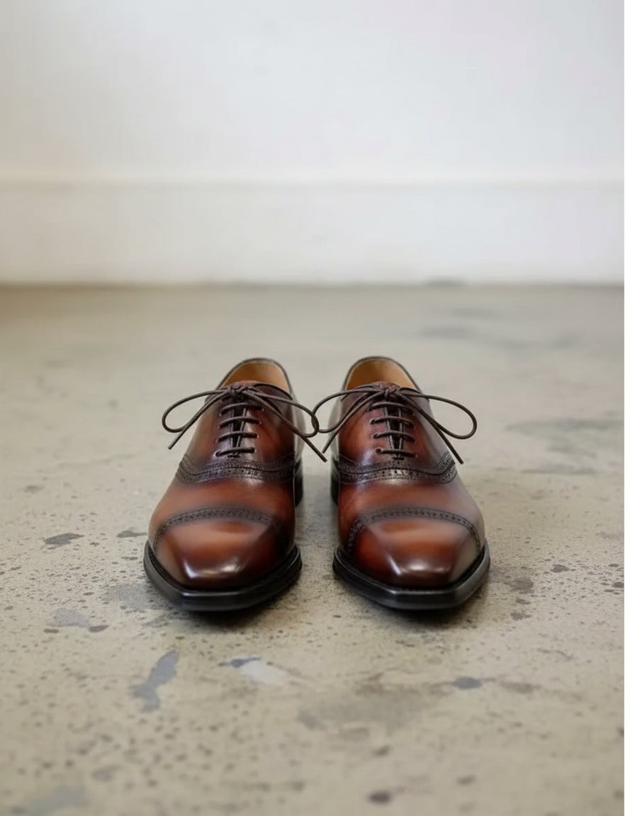Handmade Mens brown oxford dress shoes, Mens burnish lace up tuxedo shoes - front-view