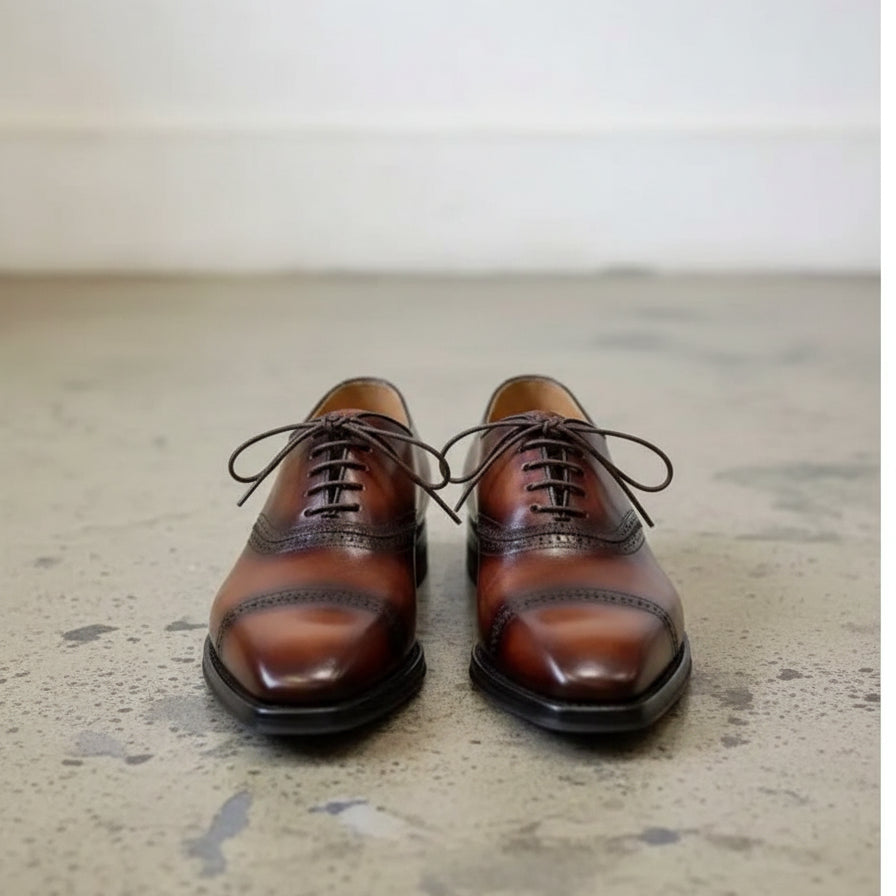 Handmade Mens brown oxford dress shoes, Mens burnish lace up tuxedo shoes - front-view