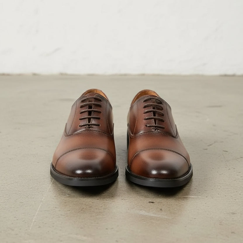 Handmade Mens brown oxford dress shoes, Mens burnish brown tuxedo shoes - front-view