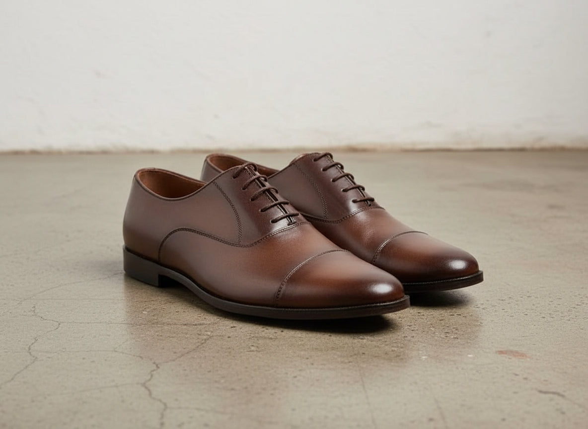 Handmade Mens brown Oxfords leather dress shoes, Men formal lace up shoes - angle-view-showing-depth