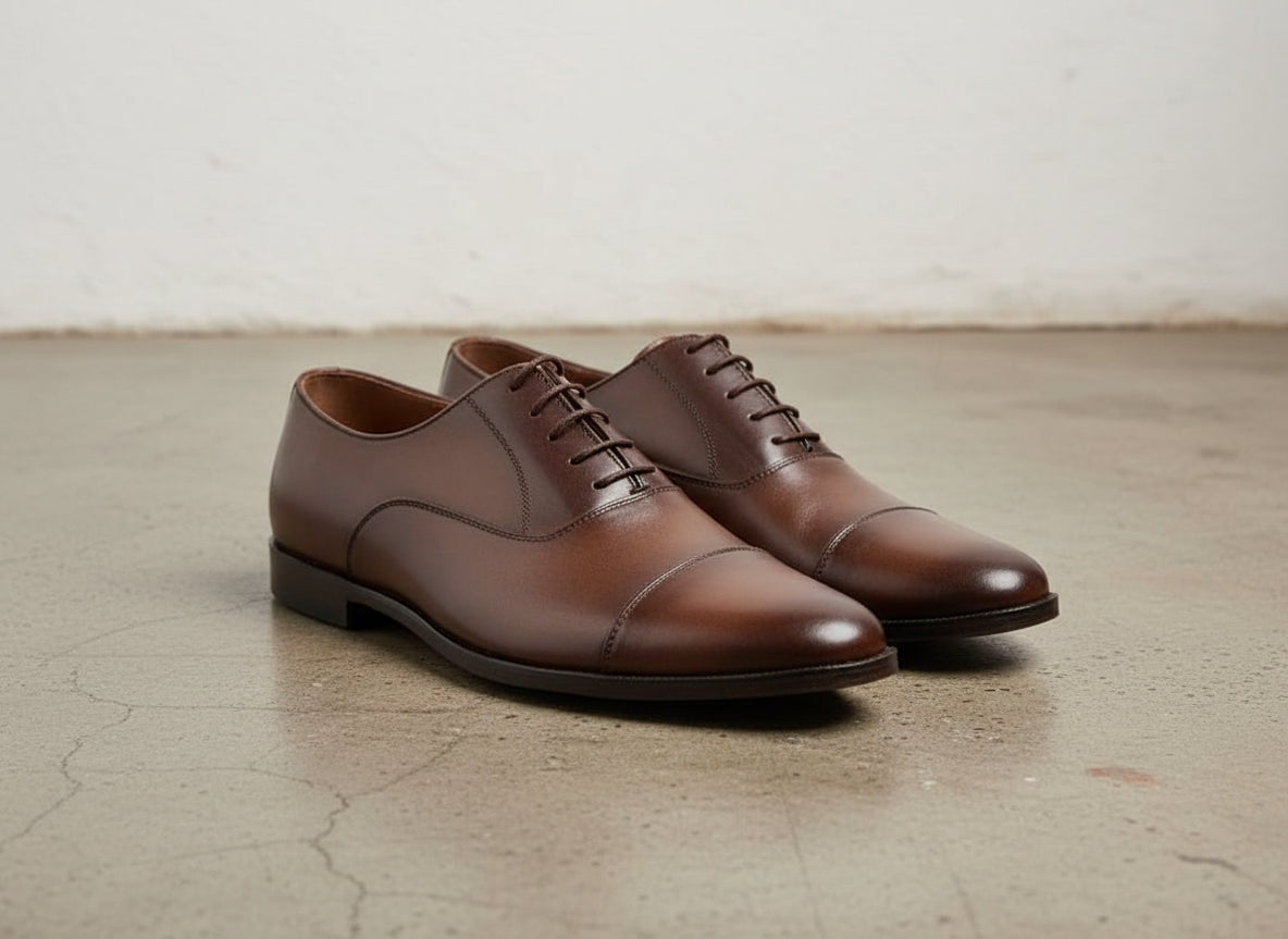 Handmade Mens brown Oxfords leather dress shoes, Men formal lace up shoes - angle-view-showing-depth