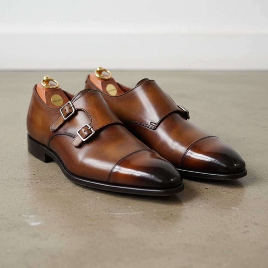 Handmade Mens brown oxfords shoes, Men double buckle leather shoes - angle-view-showing-depth