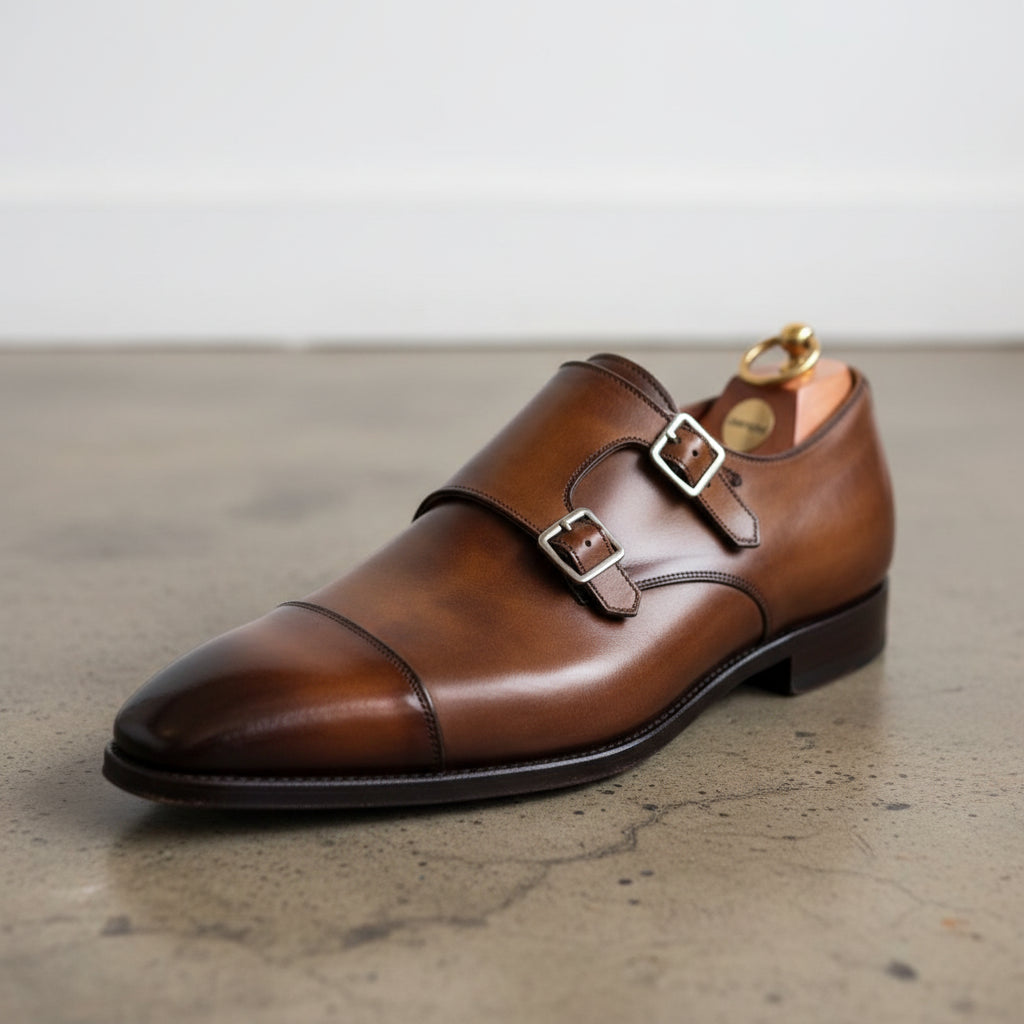 Handmade Mens brown oxfords shoes, Men double buckle leather shoes - detail-view-showing-texture