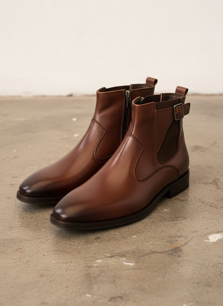 Handmade Mens brown side zip chelsea boots, Men elegant dress boots - angle-view-showing-depth