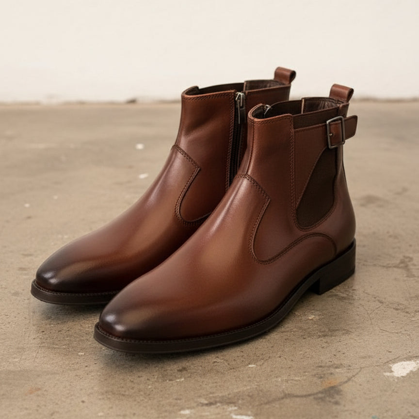 Handmade Mens brown side zip chelsea boots, Men elegant dress boots - angle-view-showing-depth
