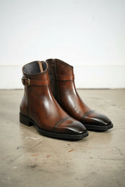 Handmade Mens brown side zip patina leather ankle boots, Men elegant boot - 3-4-right-view