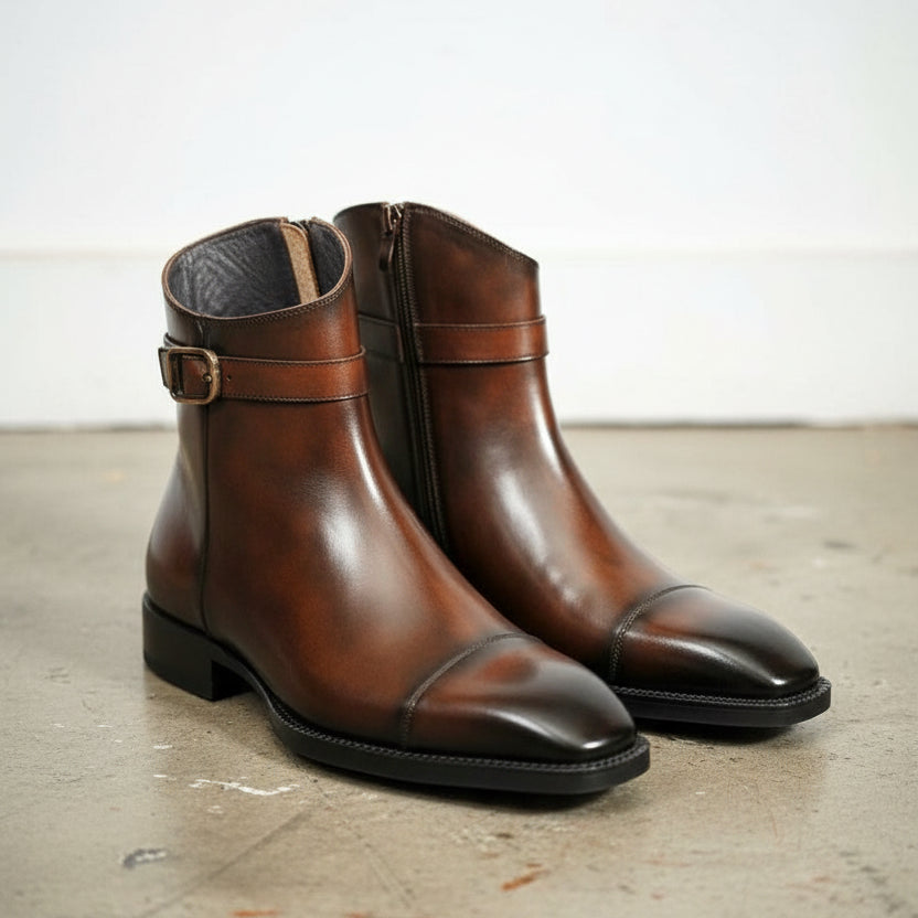 Handmade Mens brown side zip patina leather ankle boots, Men elegant boot - 3-4-right-view
