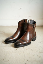 Handmade Mens brown side zip patina leather ankle boots, Men elegant boot - angle-view-showing-depth