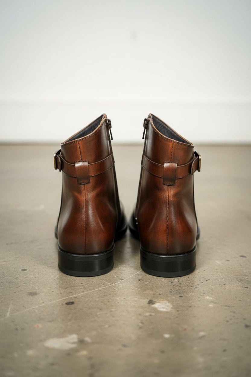 Handmade Mens brown side zip patina leather ankle boots, Men elegant boot - back-view