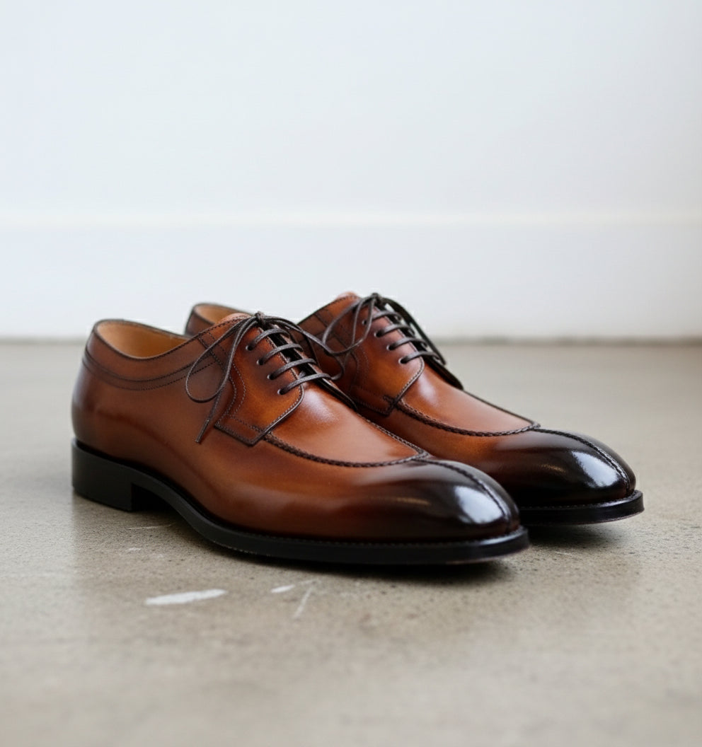 Handmade Mens Brown Split toe Shoes, Men brown lace up dress shoes - angle-view-showing-depth