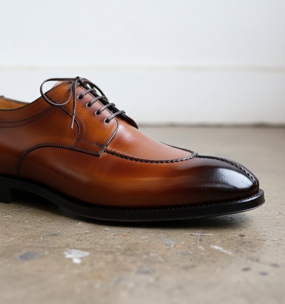 Handmade Mens Brown Split toe Shoes, Men brown lace up dress shoes - detail-view-showing-texture