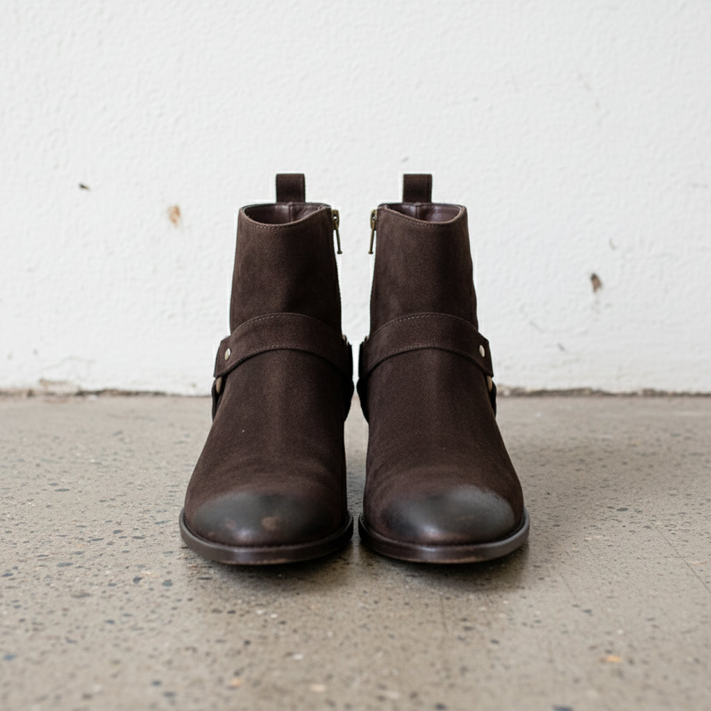 Handmade Mens Brown suede ankle Boots, Mens zipper boot - front-view