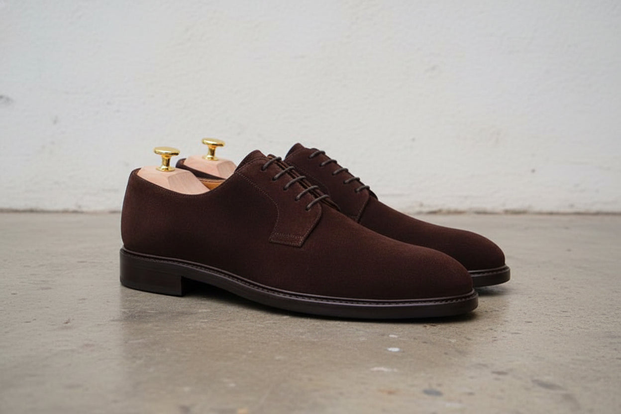 Handmade Mens Brown Suede formal derby shoes, Men Brown suede dress shoes - angle-view-showing-depth