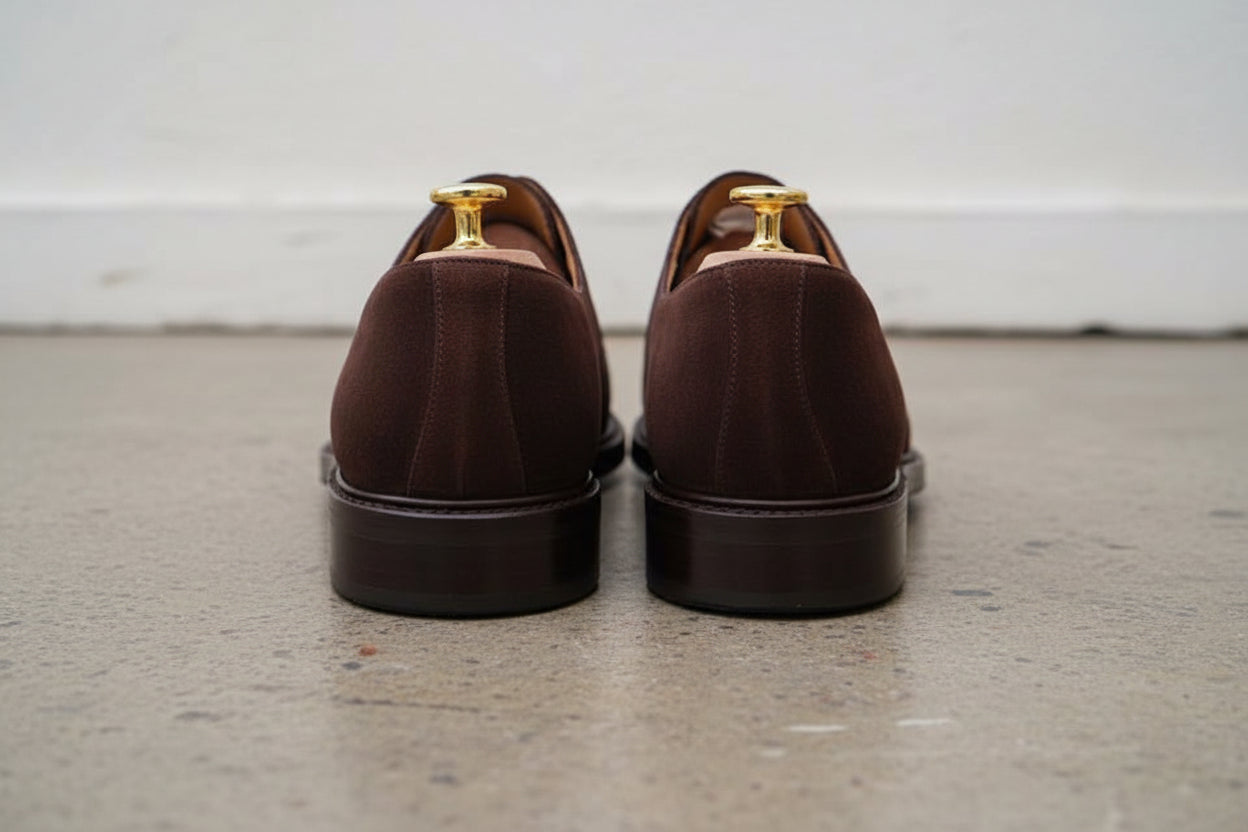 Handmade Mens Brown Suede formal derby shoes, Men Brown suede dress shoes - back-view