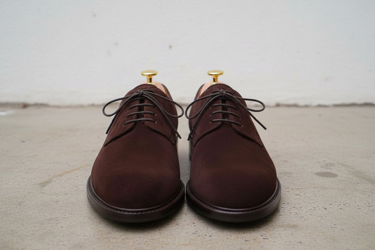 Handmade Mens Brown Suede formal derby shoes, Men Brown suede dress shoes - front-view