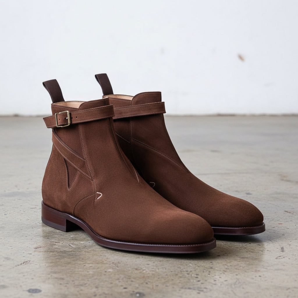 Handmade Mens brown suede Jodhpurs boot, Men brown suede ankle strap boots - 3-4-right-view