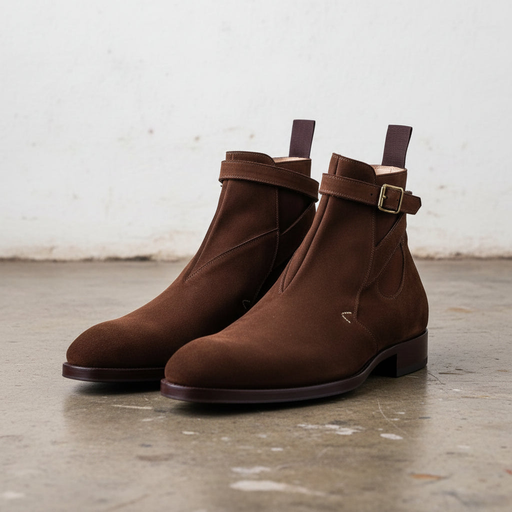 Handmade Mens brown suede Jodhpurs boot, Men brown suede ankle strap boots - angle-view-showing-depth