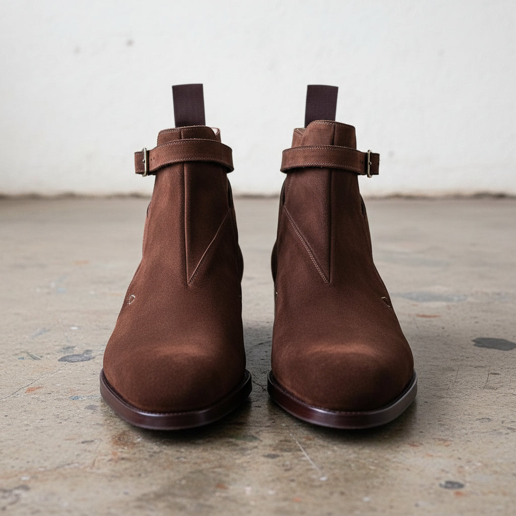 Handmade Mens brown suede Jodhpurs boot, Men brown suede ankle strap boots - front-view