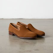 Handmade Mens brown suede leather Penny Loafer driving shoes moccasins - angle-view-showing-depth