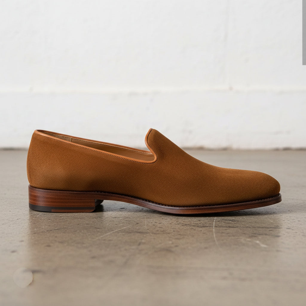 Handmade Mens brown suede leather Penny Loafer driving shoes moccasins - detail-view-showing-texture