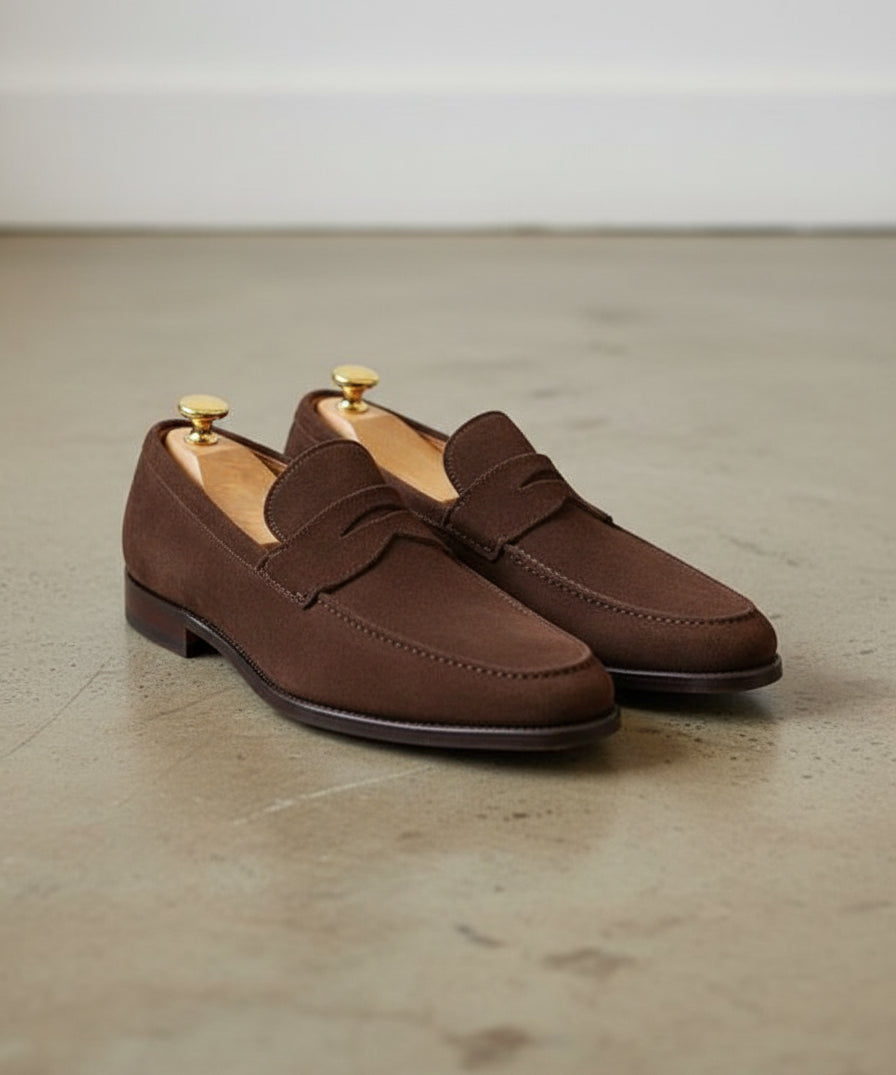 Handmade Mens brown suede moccasins, Men casual shoes, mens penny loafer - angle-view-showing-depth