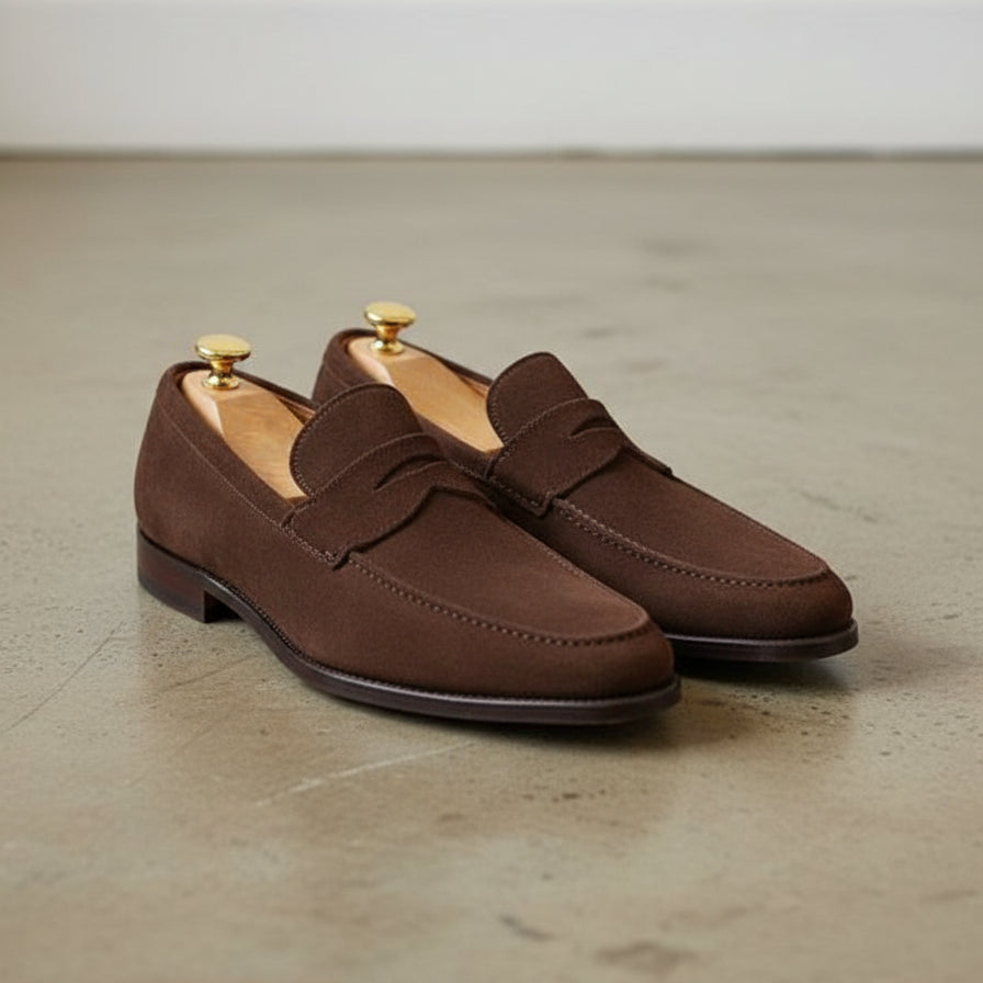 Handmade Mens brown suede moccasins, Men casual shoes, mens penny loafer - angle-view-showing-depth