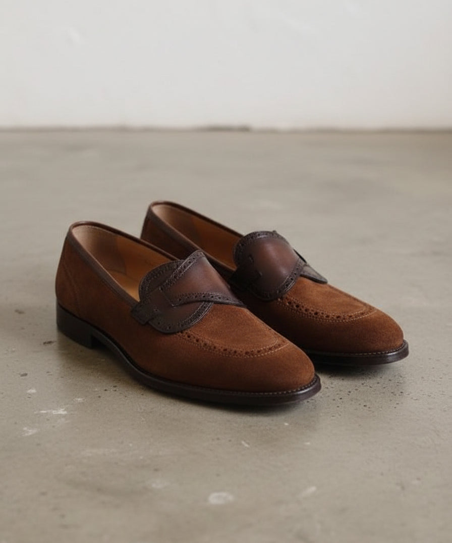 Handmade Mens brown suede moccasins, Men dress shoes, mens penny loafer - angle-view-showing-depth