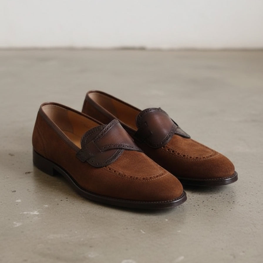 Handmade Mens brown suede moccasins, Men dress shoes, mens penny loafer - angle-view-showing-depth
