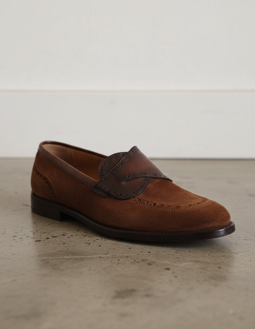 Handmade Mens brown suede moccasins, Men dress shoes, mens penny loafer - detail-view-showing-texture