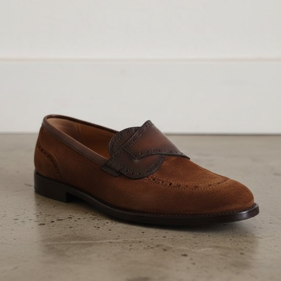 Handmade Mens brown suede moccasins, Men dress shoes, mens penny loafer - detail-view-showing-texture