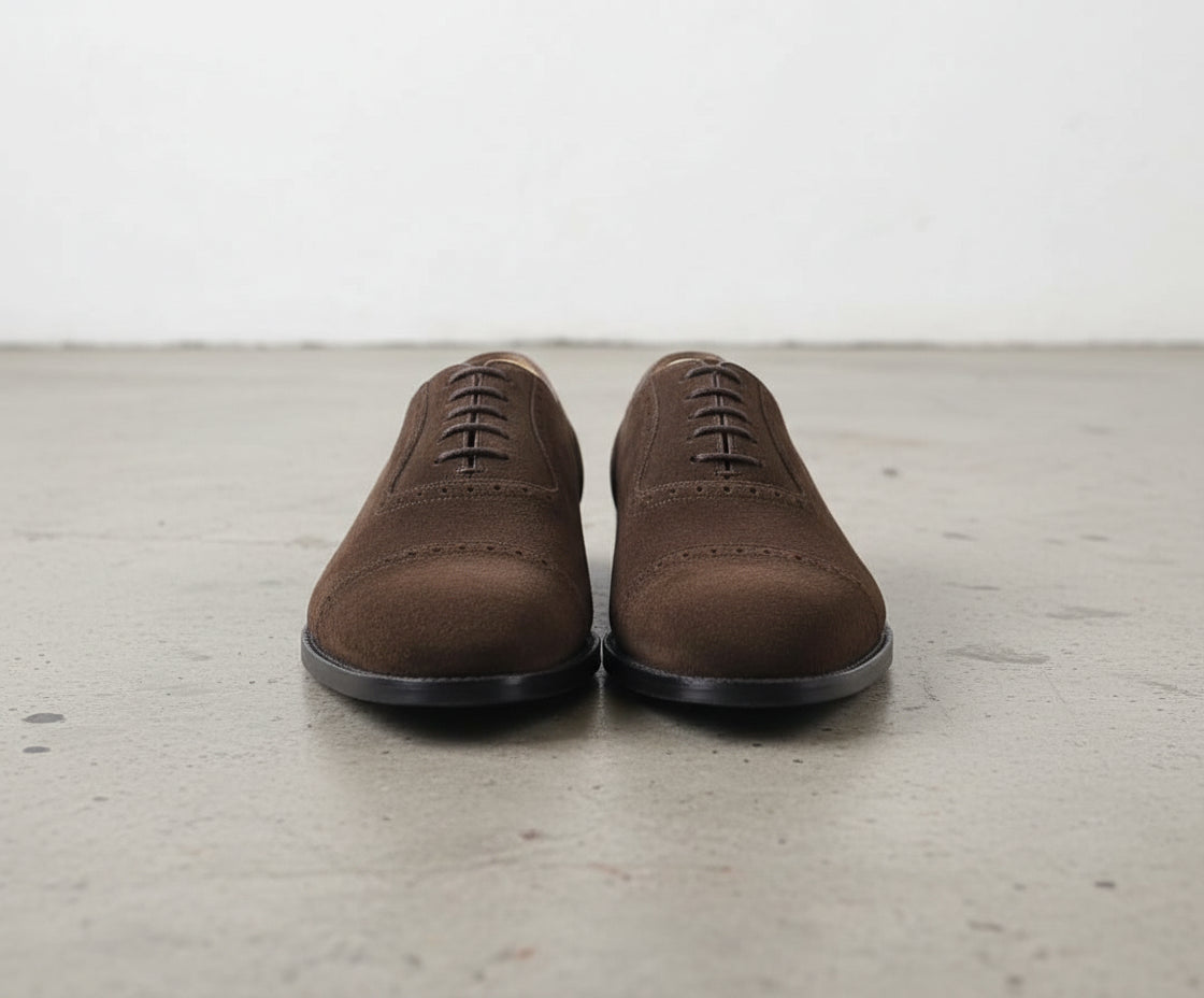 Handmade Mens brown suede Oxford dress shoes, Men brown suede formal shoes - front-view