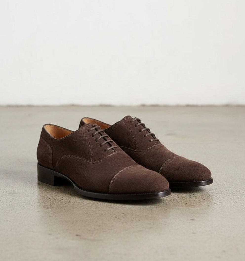 Handmade Mens Brown Suede Oxford shoes, Men brown Lace up suede dress shoes - angle-view-showing-depth