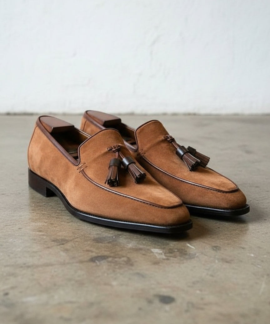 Handmade Mens brown suede tassels moccasins, Men suede dress shoes - angle-view-showing-depth